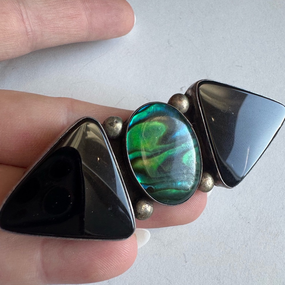 Elegant Sterling Silver Black Onyx and Green Abalone Pin brooch 22.9g - Picture 15 of 15